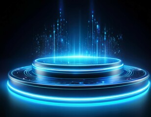 hologram effect of circle digital portals with blue neon light futuristic podiums and teleport platforms with glow and sparkles isolated on black