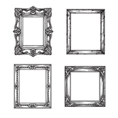 Hand drawn sketch style vintage picture frames set. Square baroque Victorian borders. Vector illustrations isolated on white.