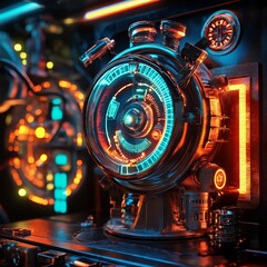 Futuristic device, glowing interface, metallic construction.