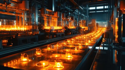 Fototapeta premium Molten glass moves along a conveyor belt in a glass factory.