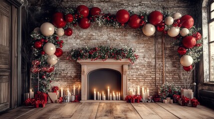 Christmas fireplace decorated with red and cream balloons, greenery, and gifts.