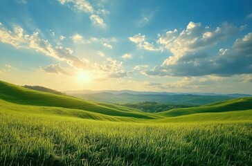 Obraz premium Serene Sunrise Over Rolling Green Hills with Lush Grassy Fields and Beautiful Blue Sky Illuminated by Golden Sunlight in a Peaceful Natural Landscape
