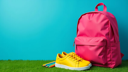 A brightly colored backpack and a pair of yellow sneakers sit next to a pile of back to school supplies on the green grass._00001_