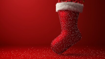 A red christmas stocking with holly on a red background