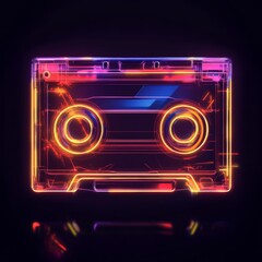 Neon-glowing cassette tape, vibrant colors, dark background.