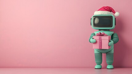 A robot in a santa hat holding a pink gift box