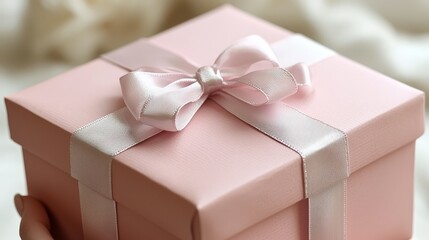 A person holding a pink gift box with a white ribbon and bow