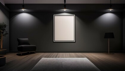 a dimly lit room with sparse furnishings and a blank wall serves as backdrop for a stock photo mockup