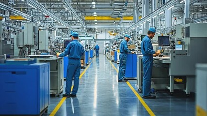Factory workers operating machinery in modern factory - Powered by Adobe