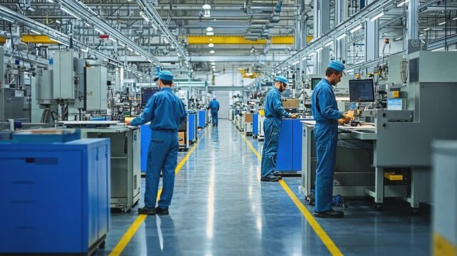 Factory workers operating machinery in modern factory