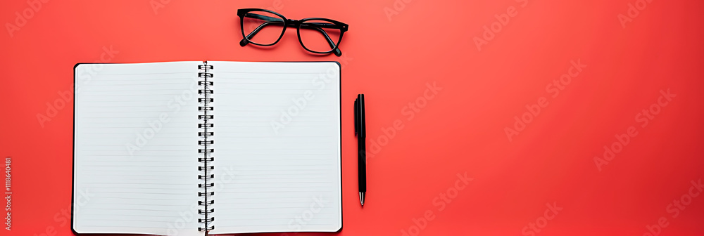 Poster a black pen, glasses, and open spiral notebook sit on a vivid red background with plenty of empty sp