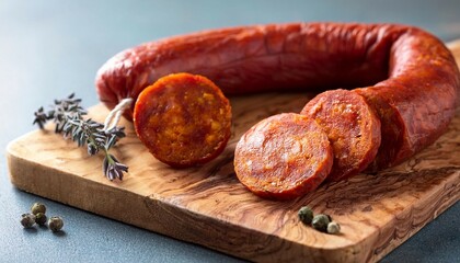 delicious spanish sausage chistorra on a cutting board chistorra spanish sausage food gourmet delicacy chorizo spicy