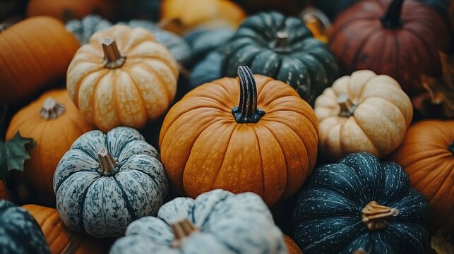 Colorful pumpkins piled high, autumn harvest.