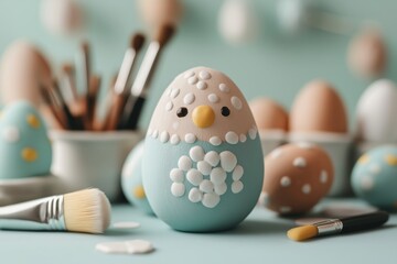 Easter egg decorating station with pastel painted eggs and brushes for creative holiday crafting