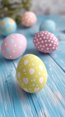 Easter Eggs on Blue Wood: Pastel colored eggs with heart and polka dot patterns rest on a rustic blue wooden surface. Springtime joy and festive details.