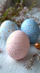 Obraz premium Pastel Easter Eggs: Delicate pastel-colored eggs adorned with gold speckles, nestled amongst blossoming spring branches. A charming springtime scene.