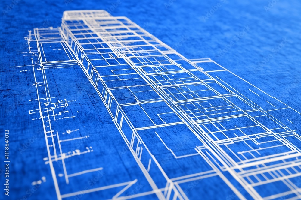 Poster technical blueprint architecture showcasing structural design of futuristic skyscraper rendered in d