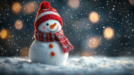 A snowman wearing a red hat and scarf in the snow