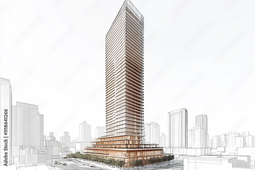Poster detailed digital blueprint showcasing the structural layout of a futuristic skyscraper with advanced