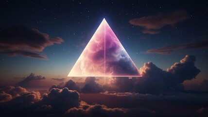 A 3D render showcasing an abstract, luminous cloud illuminated by a glowing neon light triangle. 