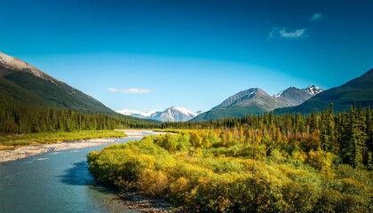 Obraz premium alaska dreamy vacation with sunny weather in minimalistic landscape natural landscape over a stream running to river with forest and mountain far away on clear blue sky