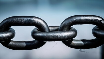 Fototapeta premium closeup of a black chain link focusing on the connection point between two large thick metal pieces symbolizing strength and stability