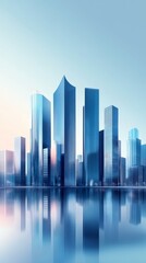 Modern Metropolis Skyline: A breathtaking cityscape, captured in a soft, ethereal light, showcasing a collection of sleek, modern skyscrapers reflected in the tranquil waters below.