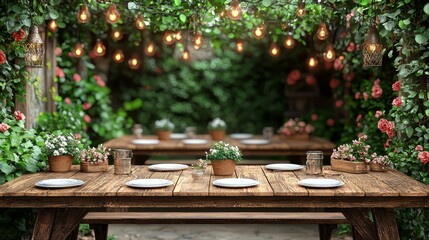 Obraz premium A wooden table with plates and glasses on it in a garden
