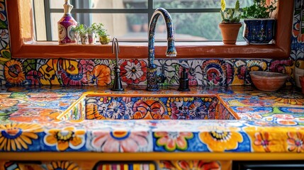 Fototapeta premium Colorful Talavera tile kitchen sink and countertop.