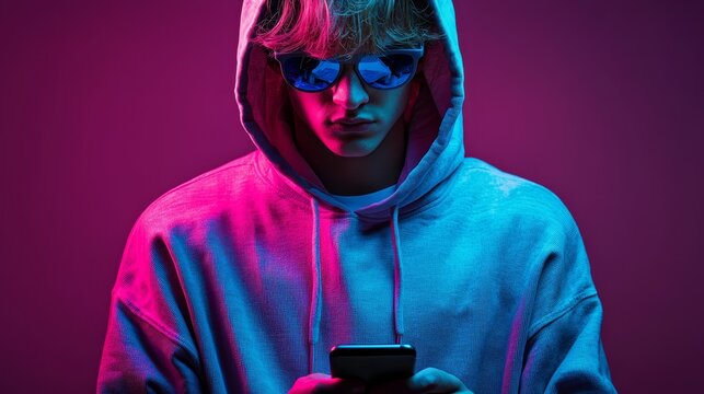 A man in a hoodie and sunglasses looking at his phone