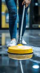 Fototapeta premium Cleaning Service: A close-up of a professional cleaner using a floor polisher to maintain a shiny, polished surface.