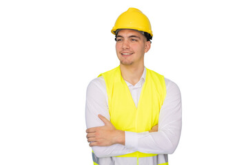 Young male architect engineer wearing safety helmet and vest