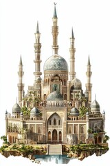 Fototapeta premium Ornate palace, multiple domes, towers, island setting.