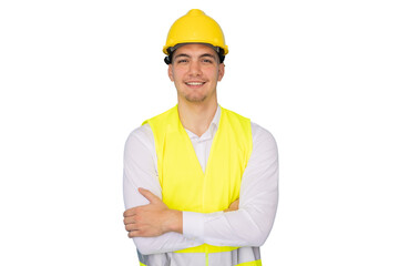 Young male architect engineer wearing safety helmet and vest