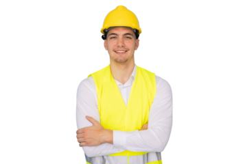 Young male architect engineer wearing safety helmet and vest