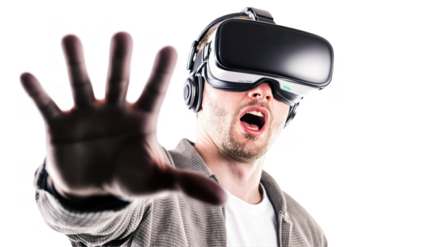 Young White Man Wearing VR Headset PNG Transparent Image - Virtual Reality Enthusiast, Futuristic Technology Concept, Immersive VR Experience, High-Quality Stock Photo, Metaverse and AR Demonstration