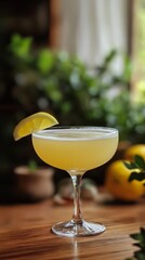 Refreshing Lemon Cocktail: A beautifully crafted lemon cocktail in a coupe glass, garnished with a lemon wedge, sits on a wooden table with a blurred background of lush greenery.