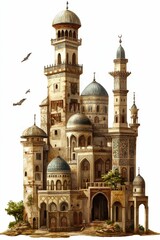 Ornate mosque complex, domes, towers, birds.