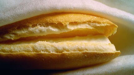 Close-up of a freshly baked French baguette with a golden, crispy crust and soft, airy interior, displayed on a linen napkin showcasing intricate texture and artisan quality