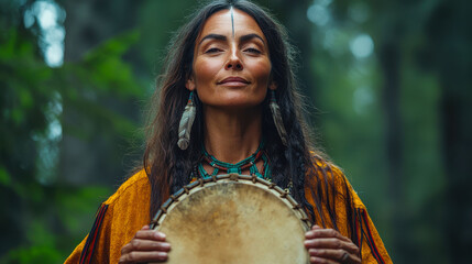 Obraz premium Spiritual Ceremony with Sacred Shamanic Drum in Forest Setting, Connection with Nature and Tradition