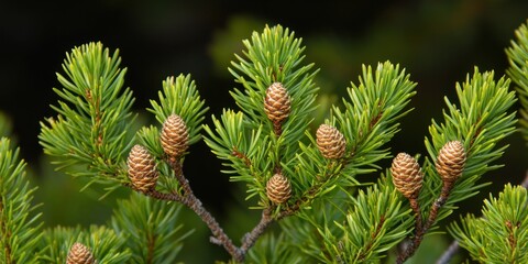 Fototapeta premium Close-up of green pine branches and cones
