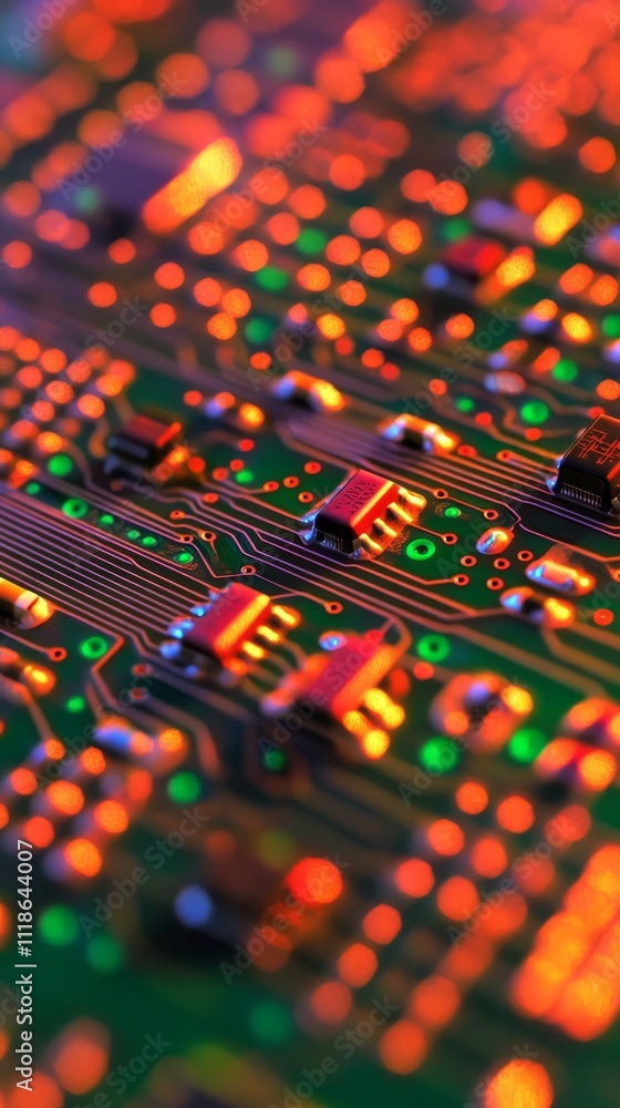 Poster circuitry closeup: a captivating macro shot captures the intricate details of a circuit board, showc