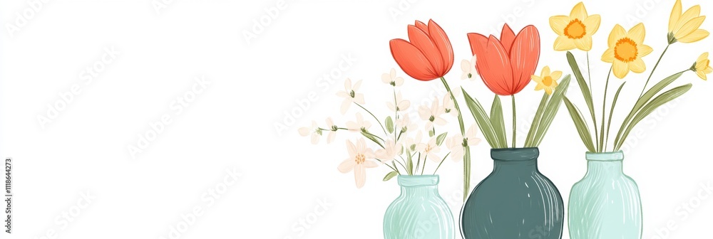 Poster colorful vases display spring flowers such as tulips and daffodils, providing a cheerful and invitin