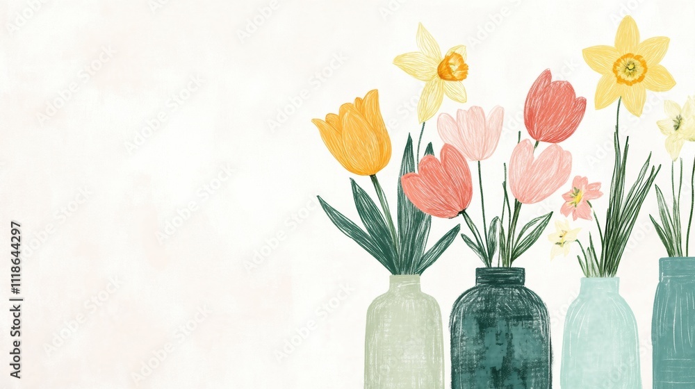 Poster colorful vases filled with blooming tulips and daffodils create a cheerful spring atmosphere, ideal 