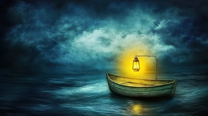 Wooden boat with lantern on stormy sea at night.