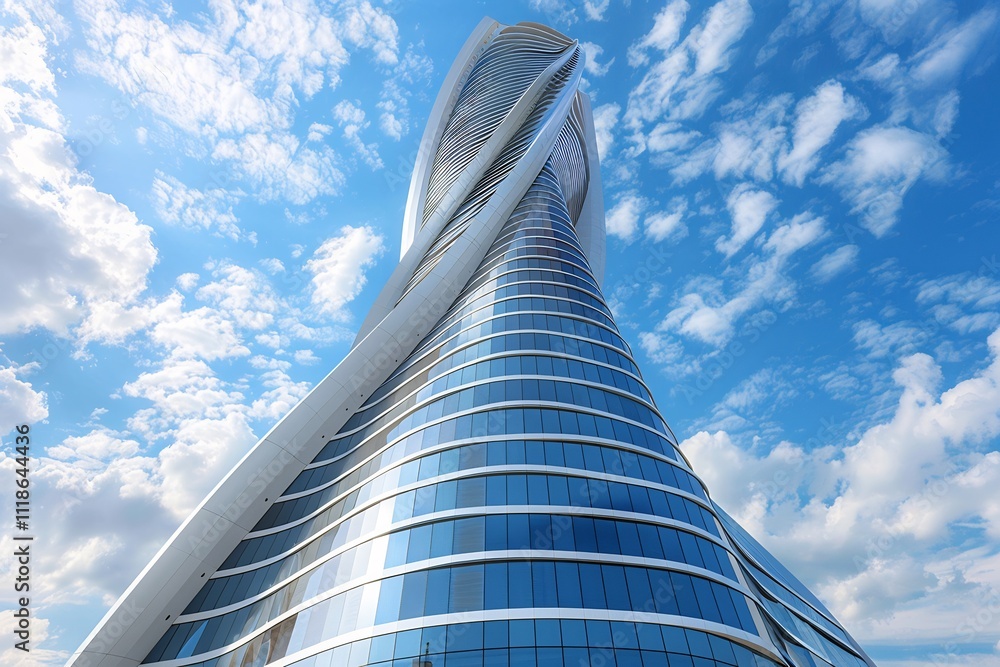 Poster twisting skyscraper architecture reaching into clouds futuristic design towering over the city illus
