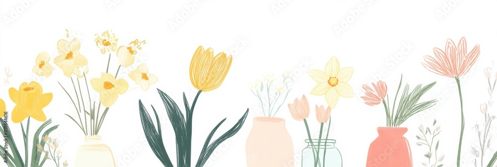 Poster colorful vases filled with spring flowers like tulips and daffodils provide a beautiful design for c