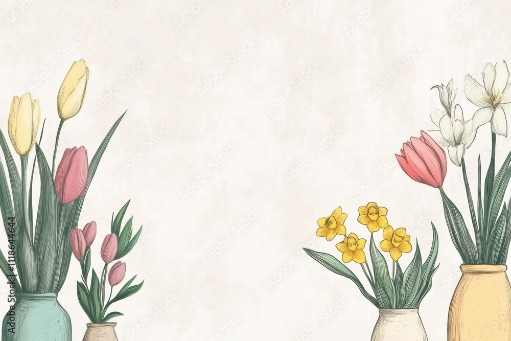 Poster colorful doodles of vases filled with tulips and daffodils create a cheerful spring ambiance, ideal 