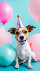 Happy Birthday, Pup! A joyful Jack Russell Terrier with a festive party hat, surrounded by colorful balloons, celebrates a special occasion.  