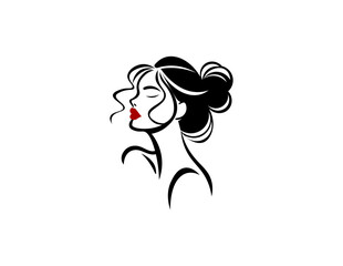 Vector illustration of black and white silhouette of a girl's face with curls and red lips	